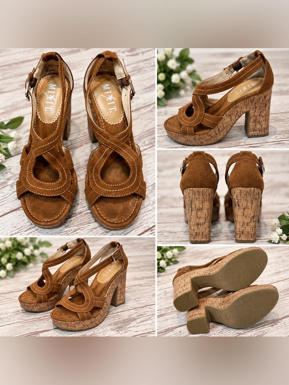 MIXIT Brown Suede-Look Platform Sandals โ Size 7M โ 4โ Cork Heel